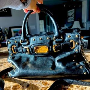 RARE Michael Kors Hamilton Black Leather Gold Studs Gold Chain Large Satchel
